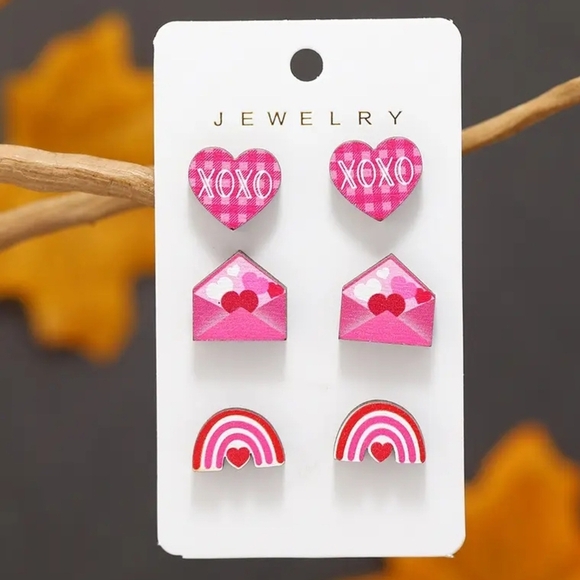 Wood Stud Valentine Pink Hearts And  Rainbow Earrings Set 3 Pair - Picture 1 of 2